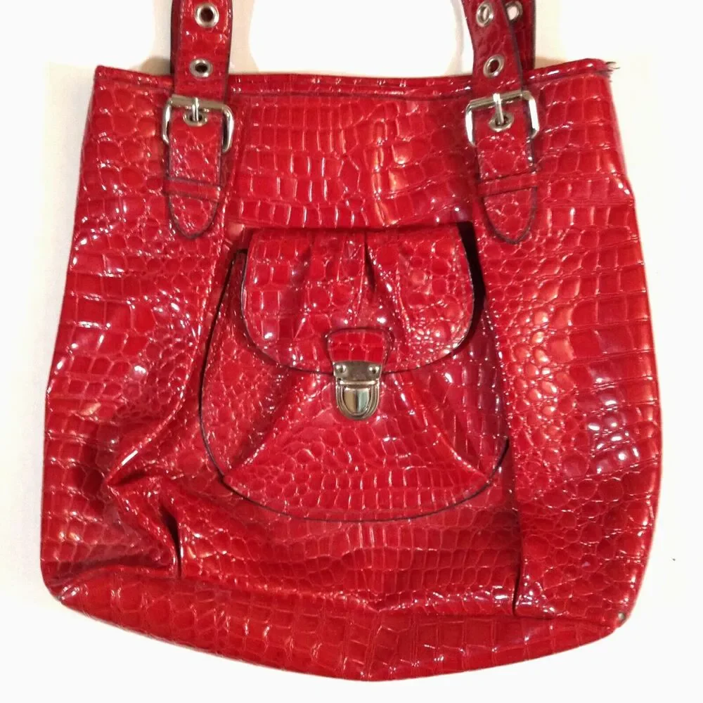 Bueno Tote Bucket Purse Large Red Glazed Bag Faux Croc Leather Travel Dbl Handle